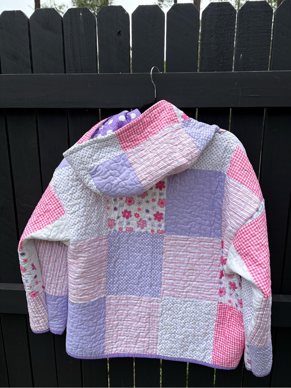 Women’s  Pink & Lavender Patchwork Hooded Pullover, Upcycled - Picture 8 of 16
